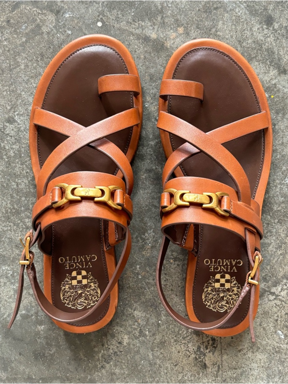 Vince Camuto Brown Leather Flat Sandal with Gold Hardware